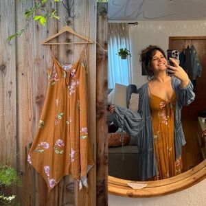 Orange Tan Floral Dot Tie Front Handkerchief MIDI Dress 🌿